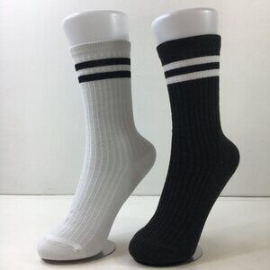Womens Crew Socks Set 2 Stripes Ribbed Black White
